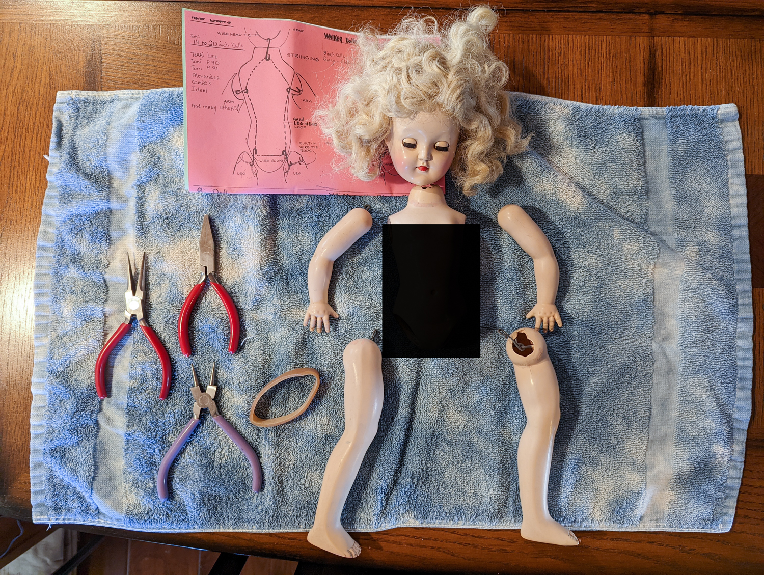 Toni, taken apart (gulp) and ready to be reconnected